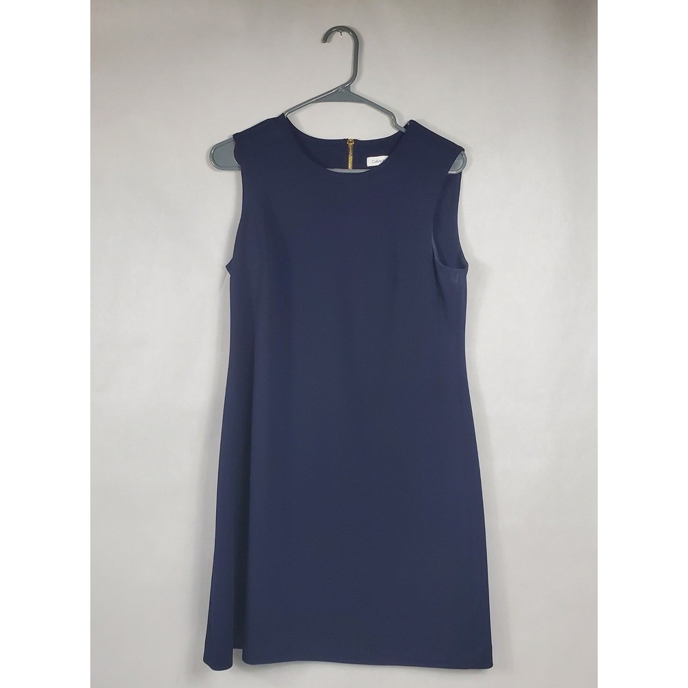 Calvin Klein Womens Navy Blue Sleeveless Shift Dress Exposed Gold Zipper Size P